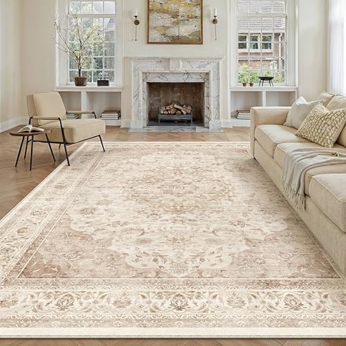 PureCozy Beige Teppich Wohnzimmer 240x300cm Vintage Waschbarer Tepich | Rutschfest Kurzflor,Weich Teppiche,Wohnzimmerteppich,Schlafzimmer,Esszimmer,Büro,Kinderzimmer