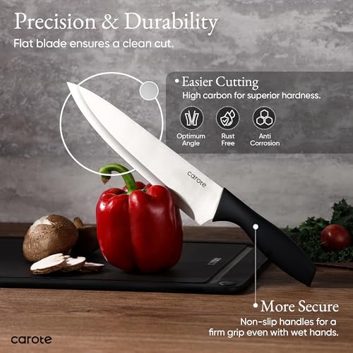 Image of CAROTE Knife Set, 11 Pcs Kitchen Knives with 5 Blade Guards & Non-Slip Cutting Board, Rustproof Stainless Steel 5 Kitchen Knife Set, Plain Black