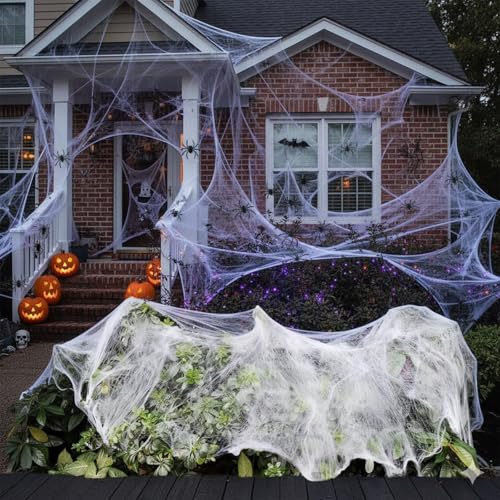 Topzora Halloween Spinnennetz 200 g mit 40 Spinnen – Dehnbare Spinnweben Deko für innen & außen – künstliches Spider Web für Haus, Garten, Fenster, Hecken, Treppen & Partyraum