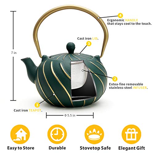 Tea Kettle, TOPTIER Japanese Cast Iron Teapot with Infuser, Stovetop Safe Cast Iron Tea Kettle, Wave Design Cast Iron Teakettle Coated with Enameled Interior for 30 oz (900 ml), Green - Thumbnail 4