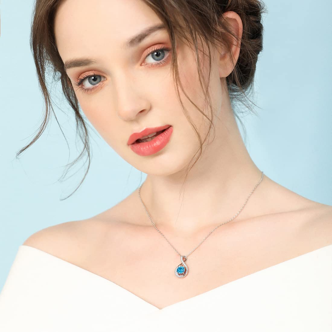 925 Sterling Silber Blau Aquamarin Halskette März Geburtsstein Halsketten für Frauen Infinity Anhänger Silber Kette Weihnachts Geschenke Damen Schmuck für Sie 45+5cm
