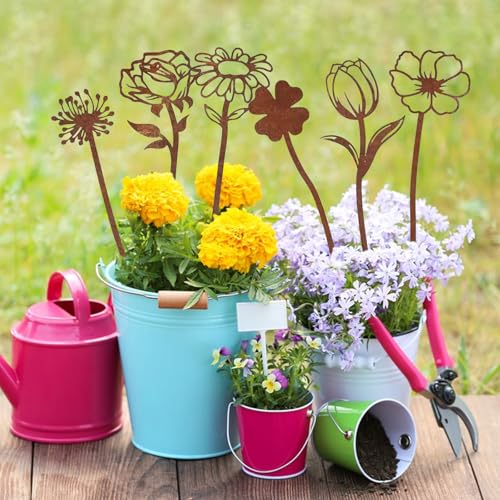 KERANEET 6 Stück Garten Deko Rost Gartenstecker Frühlingsdeko Blumenstecker Rostdeko Gartendeko Gartenstecker Blumes Rost Deko für Garten Outdoor Hof Rasen Garten Dekoration