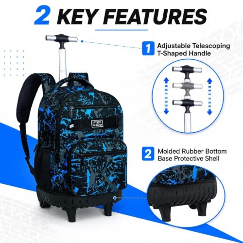 Image of 3Pcs Rolling Backpack for Boys Men, Travel Roller Backpacks with Wheels for Adults, Teens College Graffiti Wheeled Bookbag with Lunch Box(Blue)