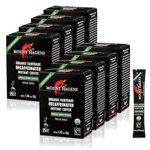 Image of Mount Hagen 25 Count Single Serve Instant Decaf Coffee Packets - 8 pack | Decaffeinated Organic Medium Roast Arabica Beans | Eco-friendly, Fair-Trade [8 x 25 sticks /1.76oz /50g], Pack of 8