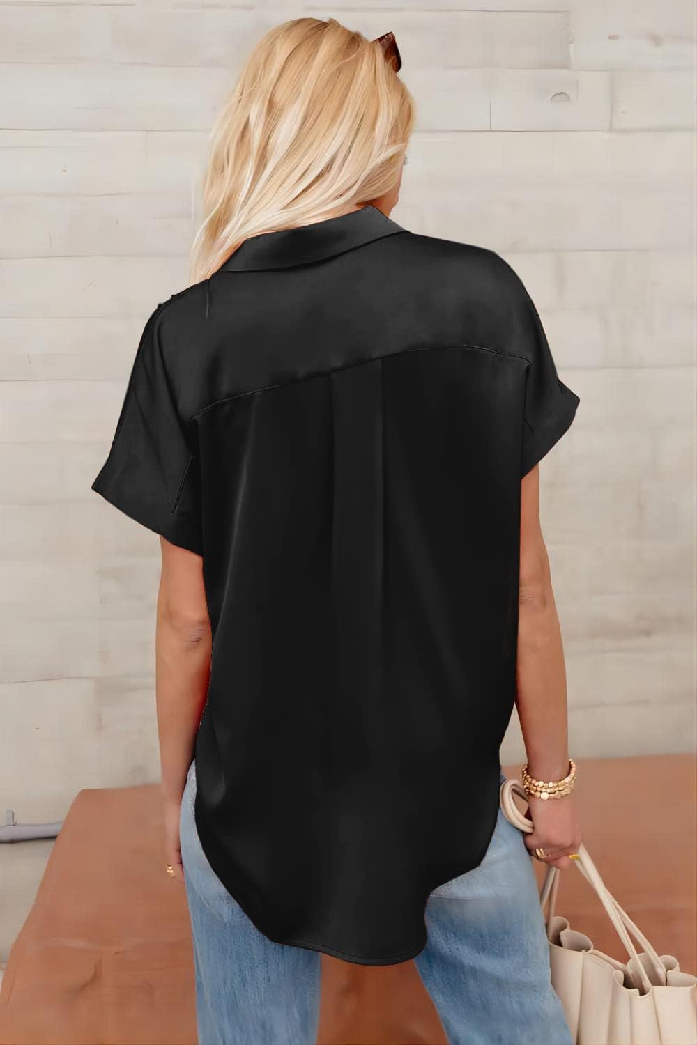 Pausus Satin Button Down Shirts for Women Short Sleeve Office Blouse Casual Business V Neck Silk Tops Slim Fit S-XXL - Image 5