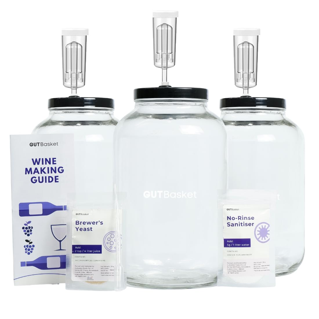 Gutbasket Wine Making Kit - Wine Supplies for 60L Wine, Fermentation Jar 4 L, Wine Yeast, Airlock and No Rinse Sanitiser- Complete DIY Home Brew Kit (3 Jar Set)