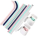 SPLF Silicone Straws Drinking Reusable, Portable 10 Collapsible Straws with 2 Cases and 4 Cleaning Brushes BPA Free, 30&20 OZ Tumbler Yeti Compatible for Travel Offices