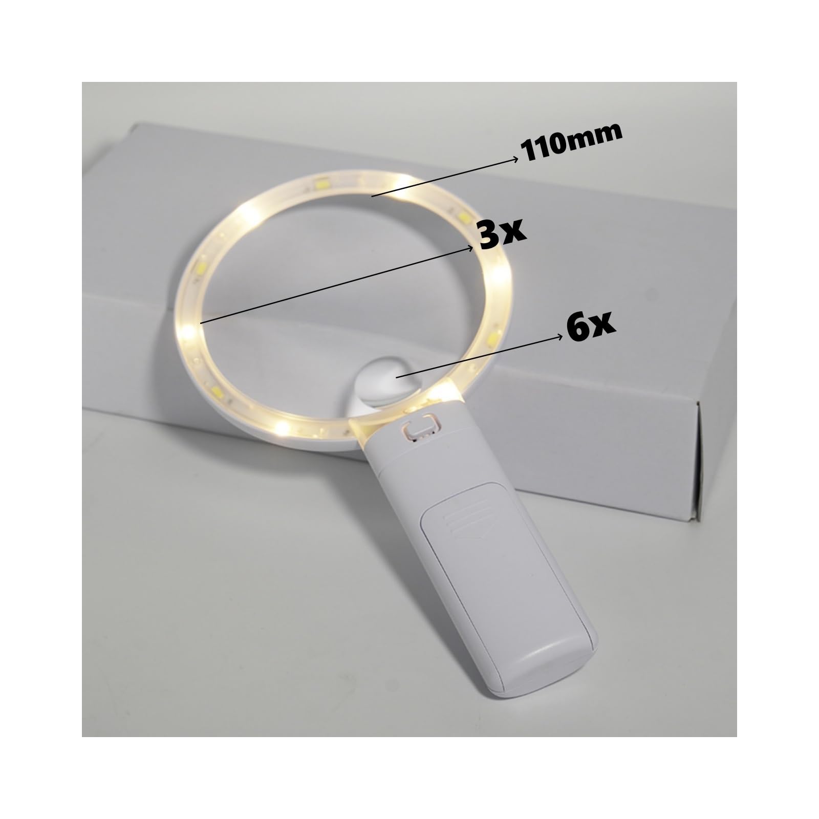Lupa 3X con luz LED, Lupa de Mano para Personas Mayores, para Leer y observar, con Mango, Color Blanco, para Hacer mapas, manuales, Estudiantes, Monedas, Joyas, exploradores. Regal