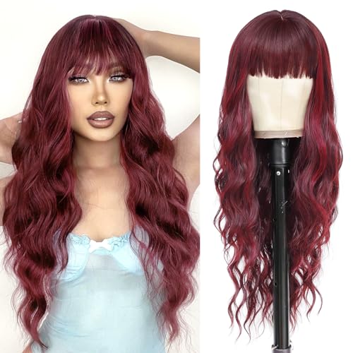 Image of NAYOO Wine Red Wigs with Bangs for Women,24 Inch Wavy Synthetic Wig | Natural Looking,Beginner Friendly,Heat Resistant Fiber,Ideal for Daily Wear,Parties & Halloween
