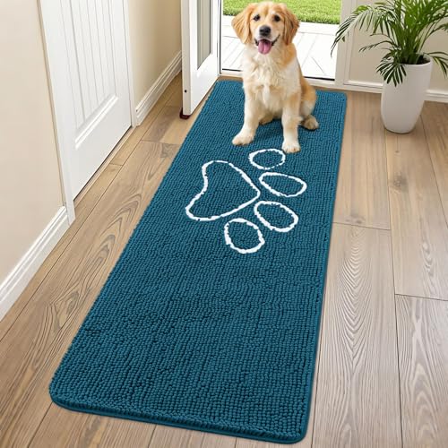 Image of Smiry Dog Door Mat for Muddy Paws, Absorbent Dirt Trapper Non Slip Quick Dry Washable Chenille Mat for Mud Dogs, Entry Rug for Indoor and Outdoor (70x24 Inches, Atlantic Blue and White)