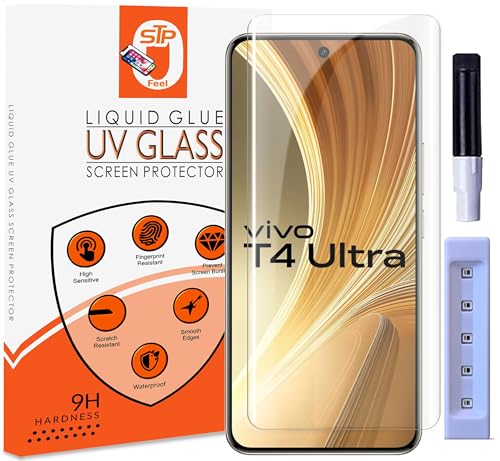Image of STP FEEL UV Premium Tempered Glass Screen Protector Guard Compatible For Vivo T4 Ultra 5G (6.67 Inch, Pack of 1) Full Adhesive UV Curved Case Friendly HD Clarity with easy installation kit