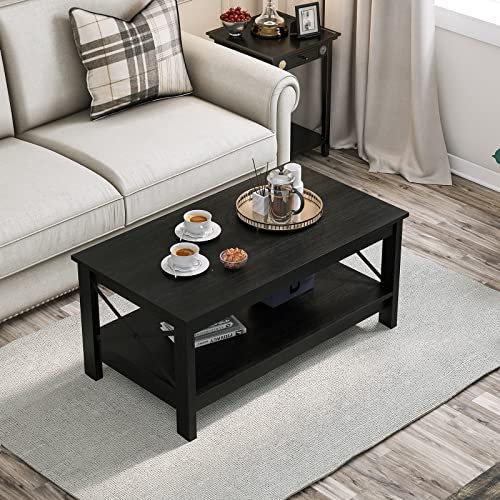 Yitahome Black Coffee Table With Storage Shelf,Modern Farmhouse X-Shaped Coffee Tables For Living Room, Small 2-Tier Thicker Wood Accent Cocktail Center Ends Coffee Table With Sturdy Frame #TOP5