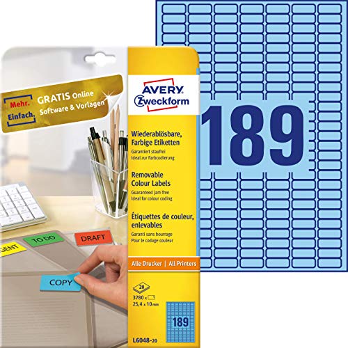 Étiquettes 25,4 x 10 mm amovibles Avery Zweckform bleues sans résidu pour impression A4