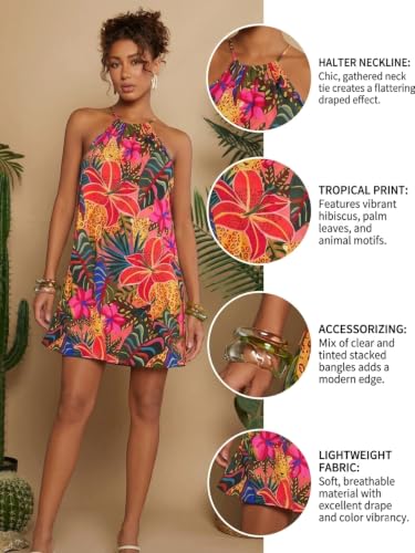Image of KATECLO Women's Summer Halter Neck Printed Mini Dress - Casual Loose Fit Sleeveless Boho Beach Dress, Lightweight Vacation Sundress for Women