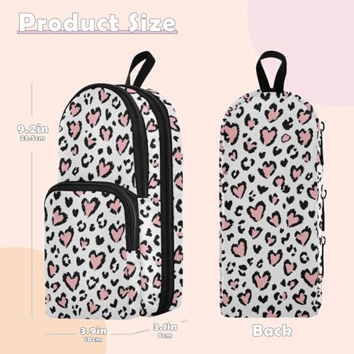 Image of Leopard Print Pink Heart Pencil Case Big Capacity Pen Bag with Compartment Students Schoolbag Shape Stationery Organizer Pencil Pouch Marker Case for School Office Work