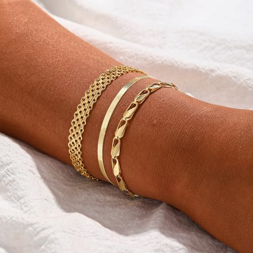 14K Gold Bracelets for Women Dainty Waterproof Jewelry Set Minimalist Stackable Herringbone Cuban Chain Fashion Charm Gold Bracelets Trendy Accessories for Gifts2