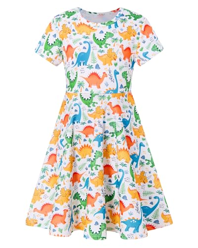 Image of ALISISTER 4T Dinosaur Dress Girls Animal Sundress Birthday Party Outfits Short Sleeved Twirl Dresses Size 5