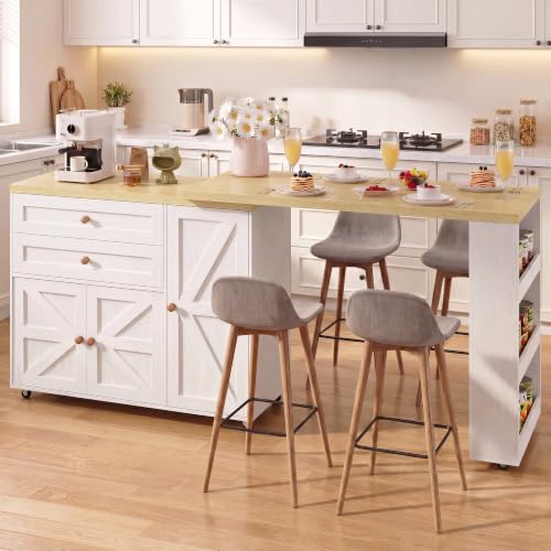 Image of IRONCK Rolling Kitchen Island with 360 Swivel Table and Storage, White | Engineered wood kitchen cart with 2 drawers, adjustable cabinet shelves, 3-tier Spice rack and 7 swivel casters for kitchen