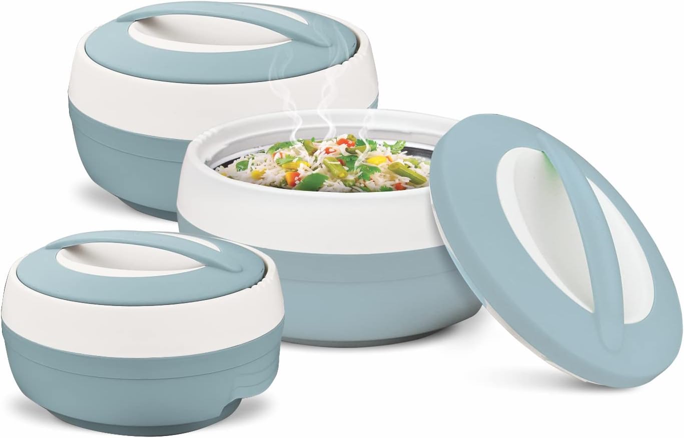 ASIAN Plastic Casserole Inner Stainless Steel Casserole Gift Set of 3 (600 ml, 1000 ml, 1500 ml), (Pestal Blue) | PU Insulated | BPA Free | Food Grade | Hot & Cold | Easy to Carry