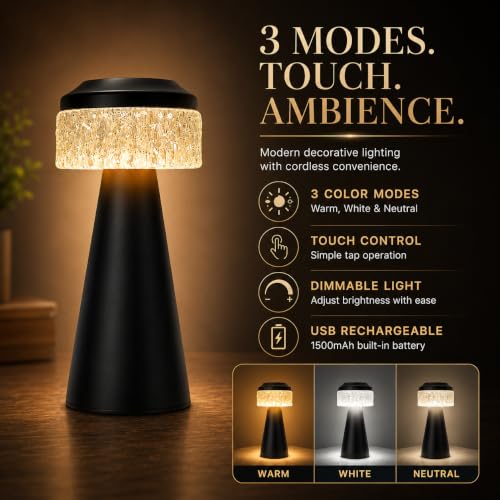 Image of One94Store Table Lamp Type-C Charging 1500mAh Battery,3 Color Dimmable Touch Control Lamp,Lamps for Home Decor and Bedroom, Living Room, Restaurant,Outdoor Use (Diamond Mesh - Black)