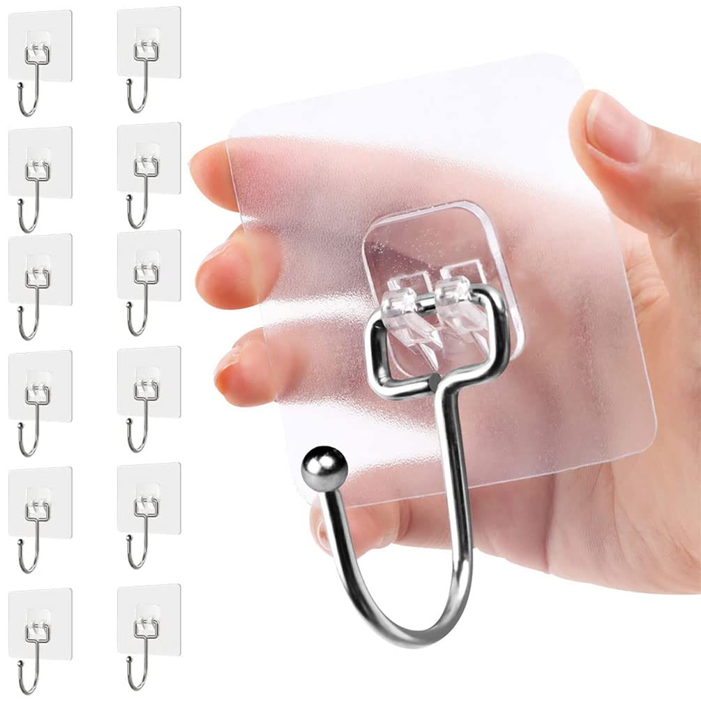 Youlike 12 Pack Adhesive Hooks Heavy Duty - Strong Wall Hooks 44 Lb/ 20 Kg(Max) For Bathroom - Self Adhesive Hook Clear For Kitchen Home And Office