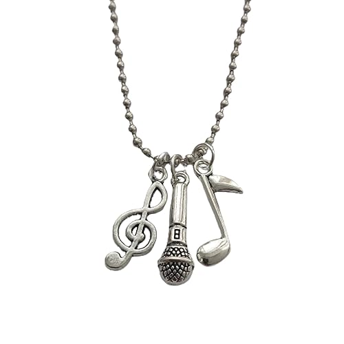 Music Notes and Microphone Necklace, Cool Musical Charm Pendant, Stainless Steel Ball Chain Long Necklace for Man Woman, Gift for Music Lover
