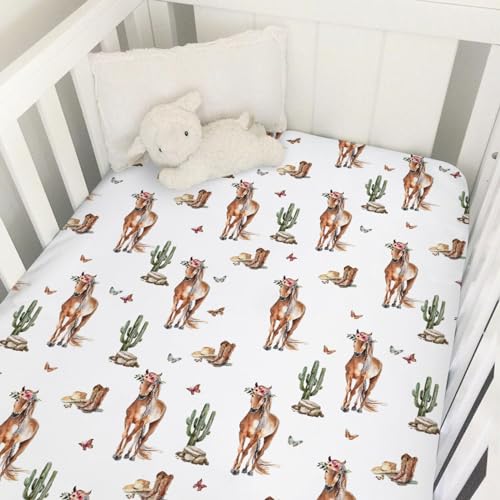 Image of Watercolor Cowboy Horse Floral Baby Crib Sheet 52''x28'' Western Cowboy Boots Hats Cactus Stretchy Fitted Crib Mattress Cover for Boy Girl Wild Soft Baby Sheets for Standard Crib Toddler Mattress