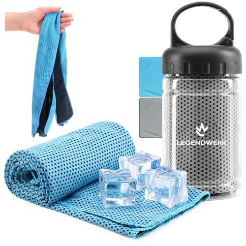 com-four® 2X Kühlhandtuch in Flasche - Cooling Towel Kühltuch - kühlendes Tuch bei Hitze, Müdigkeit, Anstrengung, Sport, Sonnenbrand, Verbrennungen oder Insektenstichen, Camping (2X Tuch - blau/grau)
