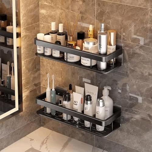 Shower Caddy Shelf- Self Adhesive No Drilling- Bathroom Shower Rack- Wall Mounted -Organizer with Rustproof Basket-Toilet and Kitchen Storage-Pack (2PCS Black.)