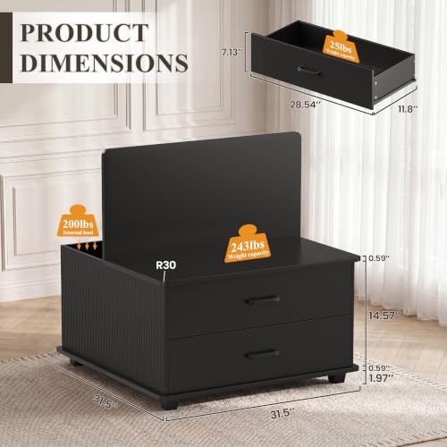 Image of MALOL Storage Coffee Table with 2 Drawers & Flip-Top Lid with Hidden Storage, Modern Fluted Wood Coffee Table, Solid Wood Legs, Square Center Table for Living Room, Black