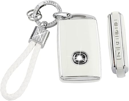 PIFOOG Car Key Case for Mazda 3 6 CX9 CX5 CX30 MX5 CX50 Accessories TPU Keys Fob Cover Shell Cute Bling Keychain Landyard Full Protection 4 Buttons Girly Women White Silver