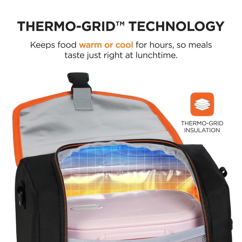 Image of Thermal Lunch Bag | Thermo-Grid Insulated, Water & Leak-Resistant, Easy to Clean | Lightweight School Lunch Box Bag with Shoulder Strap (Black)