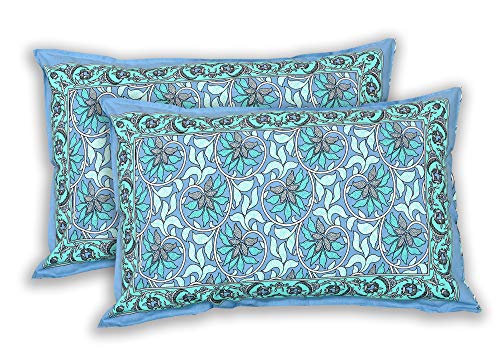 Image of Jaipur Fabric Cotton 210 TC Lovely Lotus Blue Flora Jaipuri Print King Size Double Bedsheet with Two Pillow Covers