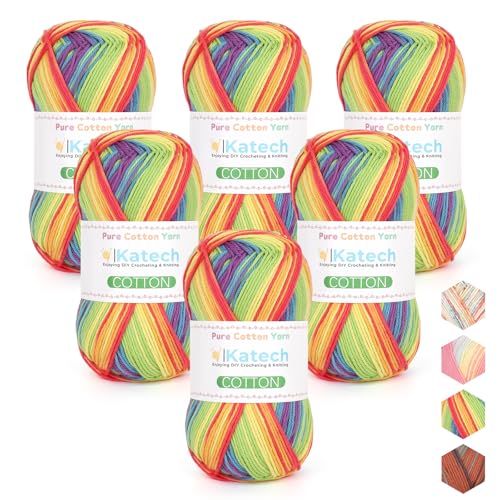 Image of Katech 1OO% Rainbow Cotton Yarn for Crocheting - 2 Sport Weight Baby Yarn for Knitting, 6 Pcs of 50g(1.76oz) /160m(175yd), Fine Soft Multicolor Yarns for Baby Blankets, Afghans, Shawls, Dress, Hats (C)