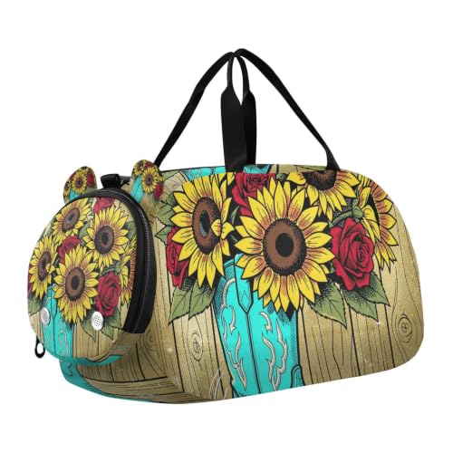 Bolsa de lona para niños con diseño Western Boho Boot, maleta deportiva espaciosa