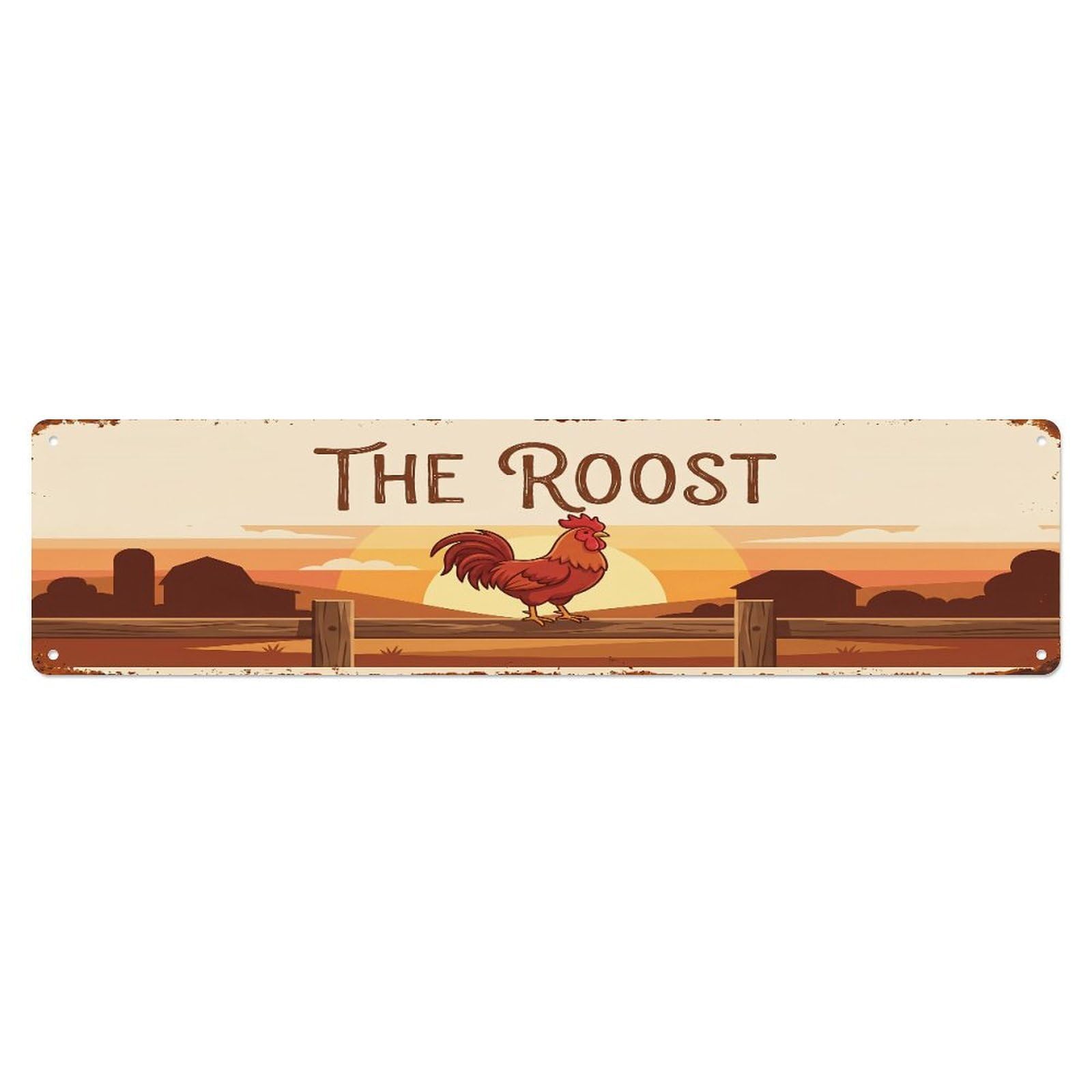 Metal Tin Sign Vintage Rooster Farm Scene The Roost