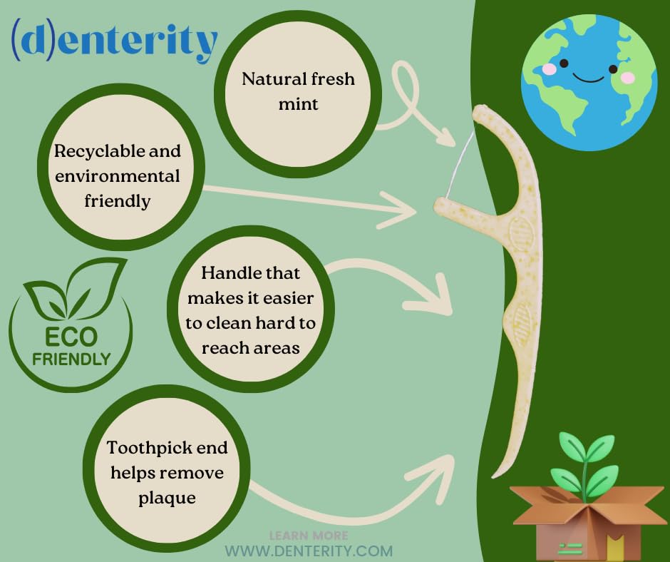 Denterity Biodegradable Dental Floss Picks, Earth Friendly Handle, Mint, 75ct Pack of 1, White