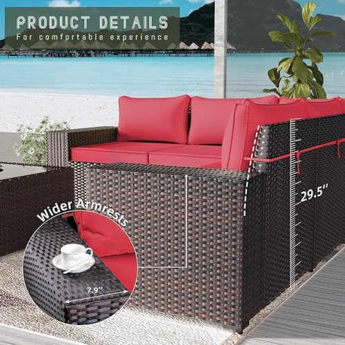 Image of 6 PCS Outdoor Patio Furniture Set,Outdoor Sectional Furniture All Weather PE Rattan Wicker Patio Conversation Set with Coffee Table and 5 Thickened Cushions,Red