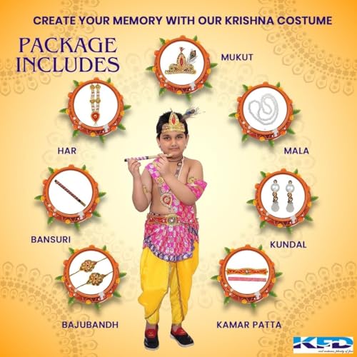 Image of Kaku Fancy Dresses Krishna Costume With Dhoti For Boy /Janmashtami /Bal Gopal Dress /Kanha Costume /Bal Krishna /Mythological Costume For Boy - Yellow-Red, 1-2 Years