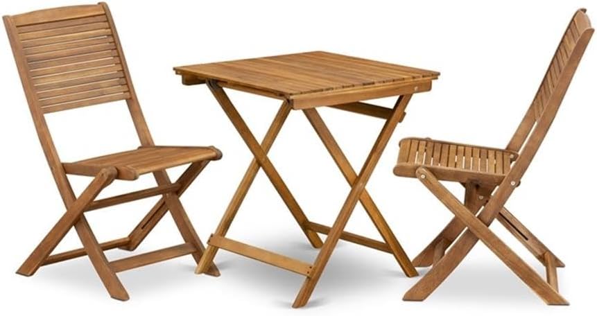 Pemberly Row 3-Piece Outdoor Bistro Set, Acacia Wood with Natural Oil Finish, Includes Square Table and 2 Folding Chairs, Compact Design, Weather-Resistant Patio Dining Set for Small Outdoor Spaces