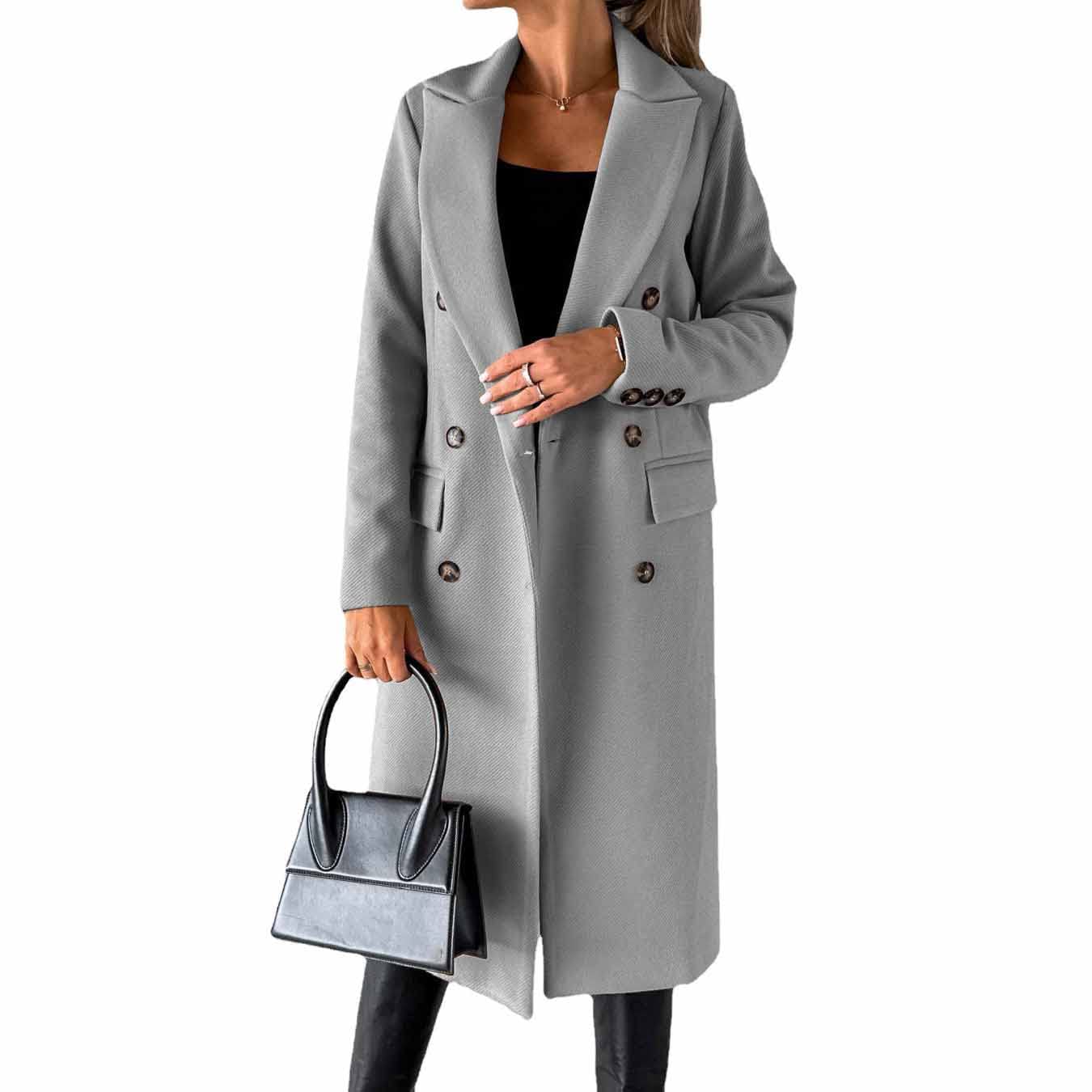 CARGIS Long-sleeved wool coat with double-breasted buttons,Women's Double Breasted Long Trench Coat Windproof Classic Lapel Slim Overcoat (grey,L)