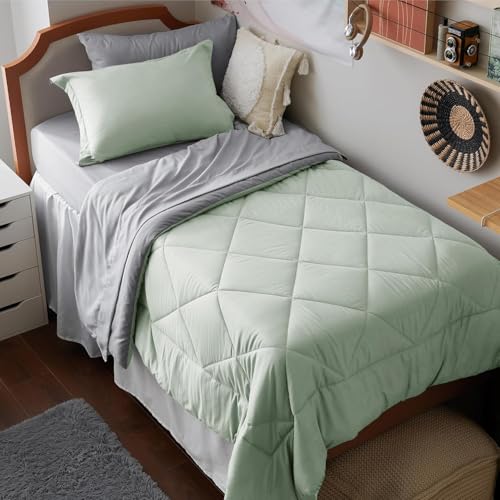 Bedsure Twin Comforter Set Reversible Bed Set 5 Pcs Sage Green/Light Grey