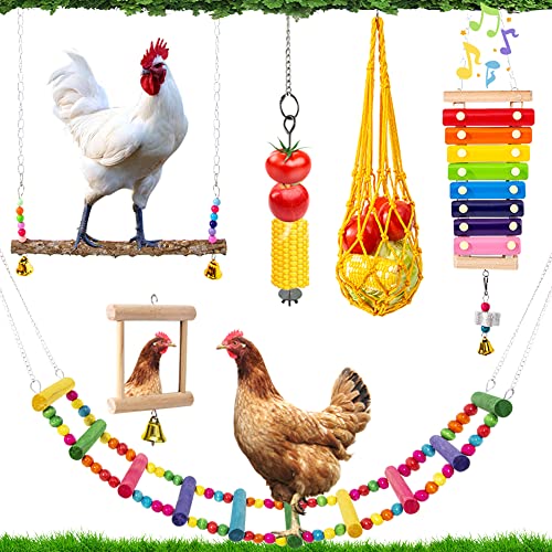 Hipykat 7pack Chicken Toys for Coop Accessories Chicken Xylophone Toy Chicken Mirror Chicken Ladder Bridge Coop Swing Vegetable Hanging Chicken Feeder Chewing Foraging Toys Gifts for Hens