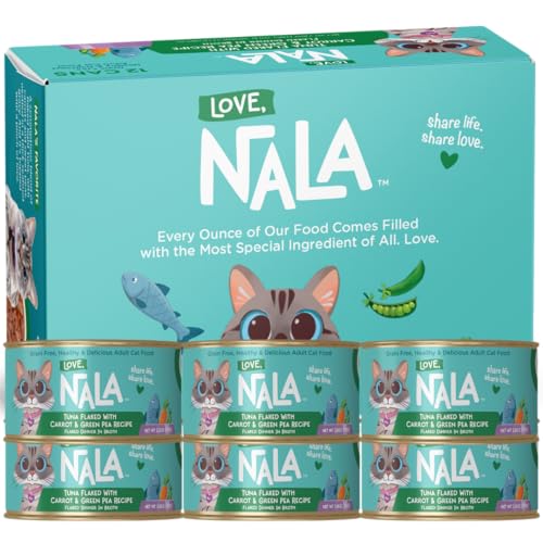 LOVE NALA - Natural Adult Cat Wet Food - FLAKED Tuna with Carrot & Green Pea in Broth - Grain Free Non-GMO Lean Protein Added Minerals & Vitamins - 12 Pack 2.4 lbs.
