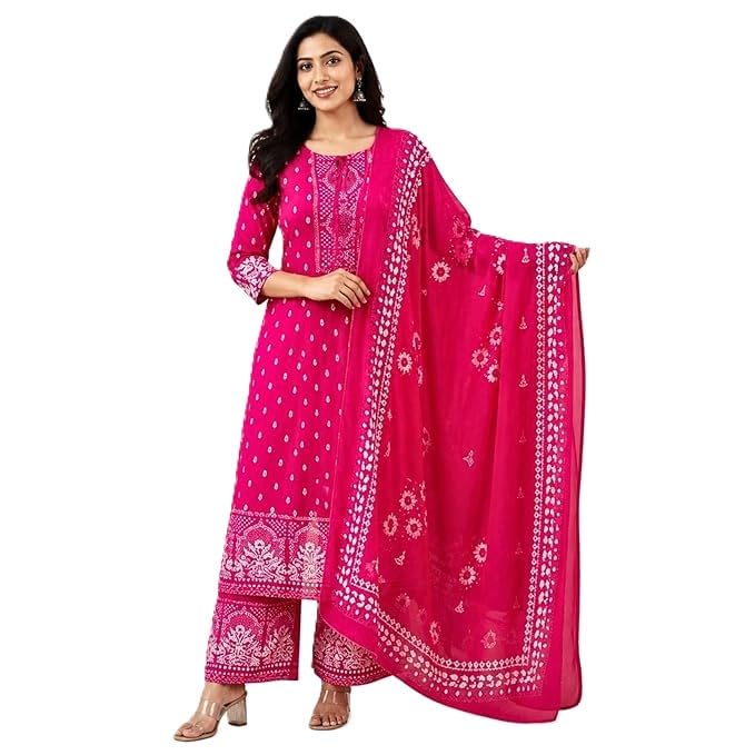 Women's Pink Bandhani Print Kurta with Palazzo and Chiffon Dupatta, Cotton, Festive & Casual Ethnic Set-image-10
