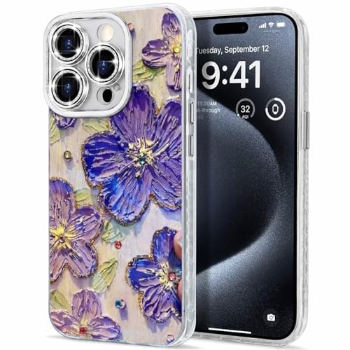Image of VONZEE Compatible with iPhone 16 Pro Case Laser Flower Oil Painting Cute Colorful Blue Ray Bumper with Full Camera Protection Shockproof PC+TPU Glossy Shiny Cover for Girls Women, Purple