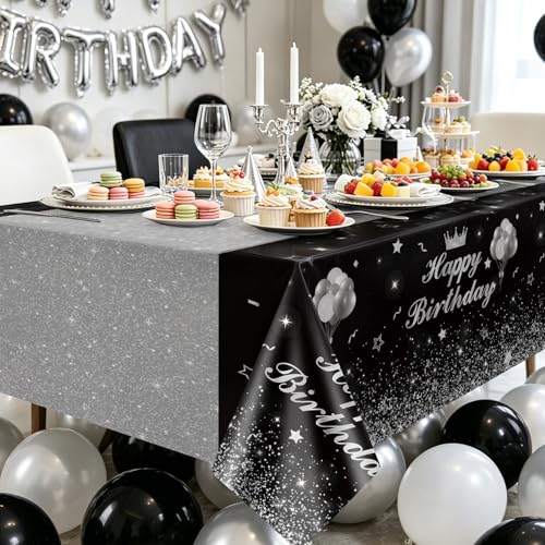 Image of 4 Pcs Happy Birthday Black and Silver Party Tablecloths - Silver Black Party Decorations Plastic Tablecloth Rectangular Table Covers for Boy Girl Baby Shower Birthday Table Supplies, 51 x 86.6 Inch