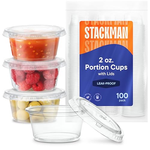 Image of Mini Plastic Souffle Cups with Lids [2 oz - 100 Sets] Jello Shot Cups - 2oz Cup, Small Condiment & Snack Containers - Disposable 2 Ounce Plastic Portion Glasses & Lid for Sauce Dressing or Shots