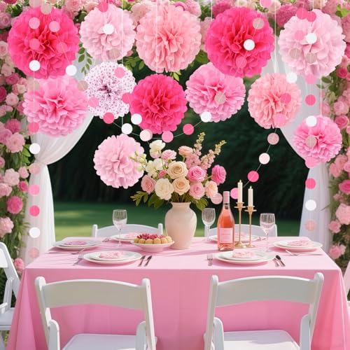 Image of Pink Party Decorations, Tissue Paper Pom Poms Circle Garland for Valentines Day Decorations Pink theme Birthday, Bridal Shower Baby Shower Wedding Romantic Decorations Engagement Party, 16PCS