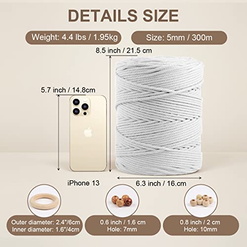 Image of ZUEXT Macrame Cord, White, 5mm x 328yds Cotton String Macrame Yarn | Natural Handmade, 4 Strands Twisted Cotton Rope, for Craft Wall Hanging Weaving Tapestry Dream Catchers Hanger DIY Gift, 300m